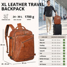 XL Rucksack aus cognacbraunem Leder, Frontal-/Dreiviertelansicht; Handgepäckmaße und Reisender mit Koffer im Flughafen