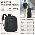 schwarzer XL Lederrucksack, drei‑viertel‑Ansicht mit Maßangaben; daneben Mann mit Trolley in Flughafen
