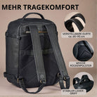 schwarzer Leder-Rucksack, Rückansicht mit gepolsterten Trägern, verstellbaren Gurten und stabilem Ledergriff