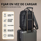 schwarzer Lederrucksack auf Trolleygriff befestigt, Rückansicht mit Befestigungsband, Icons und spanischem Text links