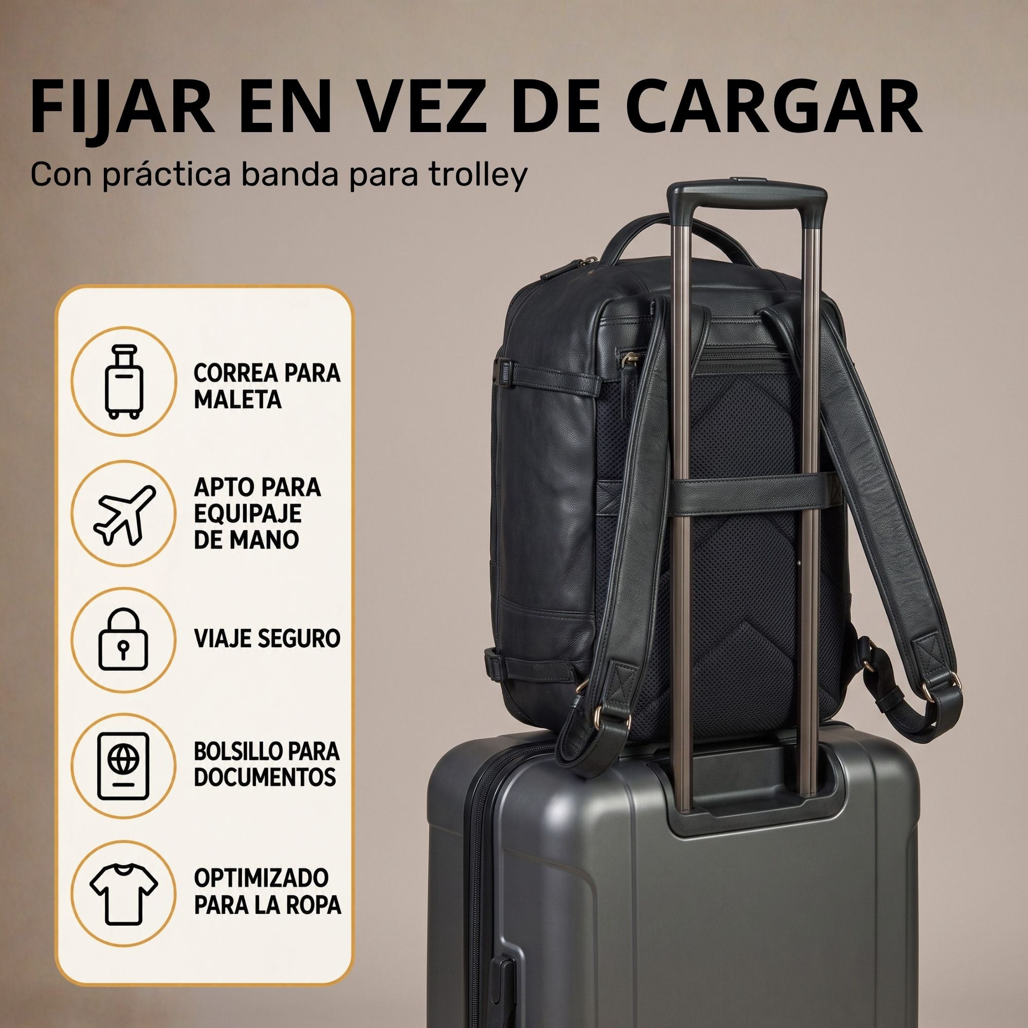 schwarzer Lederrucksack auf Trolleygriff befestigt, Rückansicht mit Befestigungsband, Icons und spanischem Text links