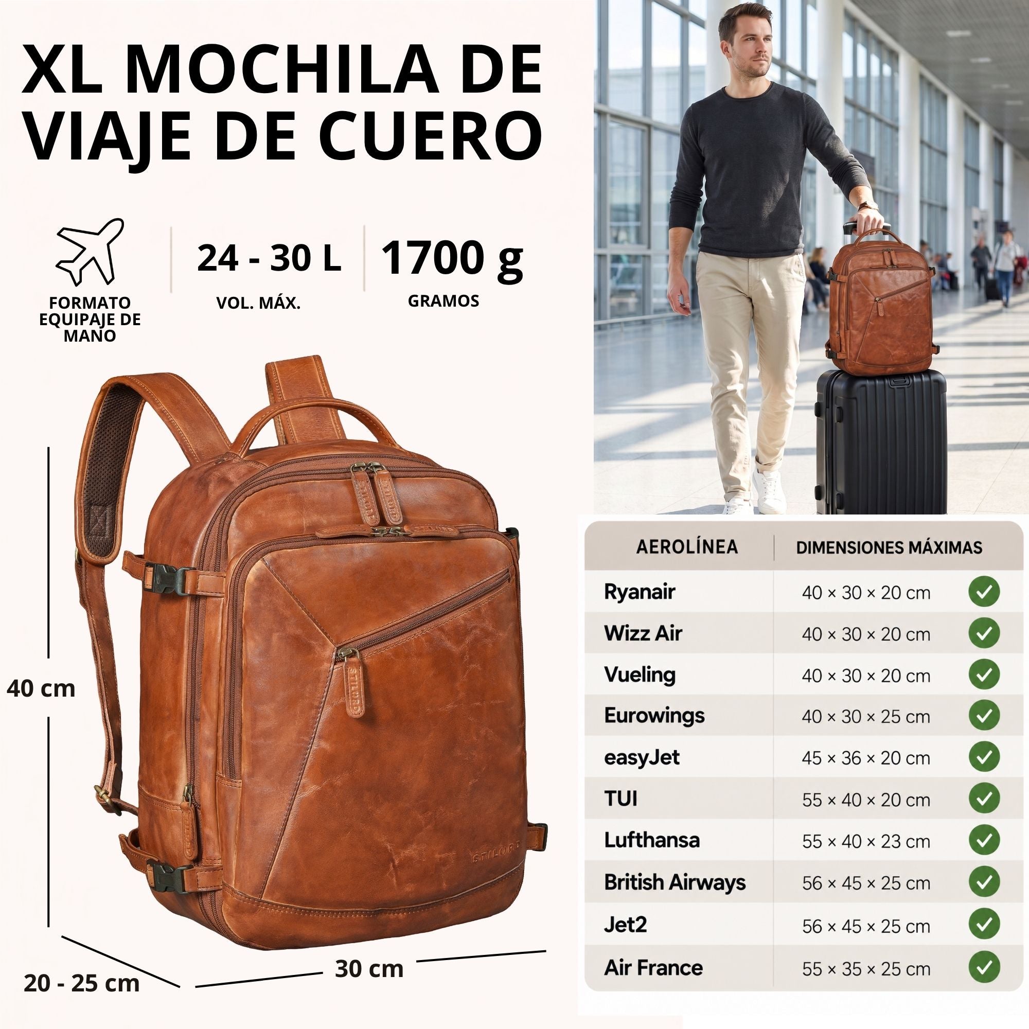 XL Rucksack aus cognacfarbenem Leder, Frontansicht mit Maßangaben links und Mann im Flughafen mit Trolley rechts