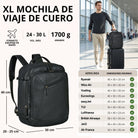 XL Reise-Rucksack aus schwarzem Leder, Vorder- und Seitenansicht mit Maßen, Mann mit Koffer im Flughafen