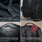 Schwarzer Leder-Rucksack, Details: gekreuzte Innenriemen, seitliche Schnalle, wasserabweisende Oberfläche mit Wassertropfen, verdecktes Reißverschlussfach mit Reisepass