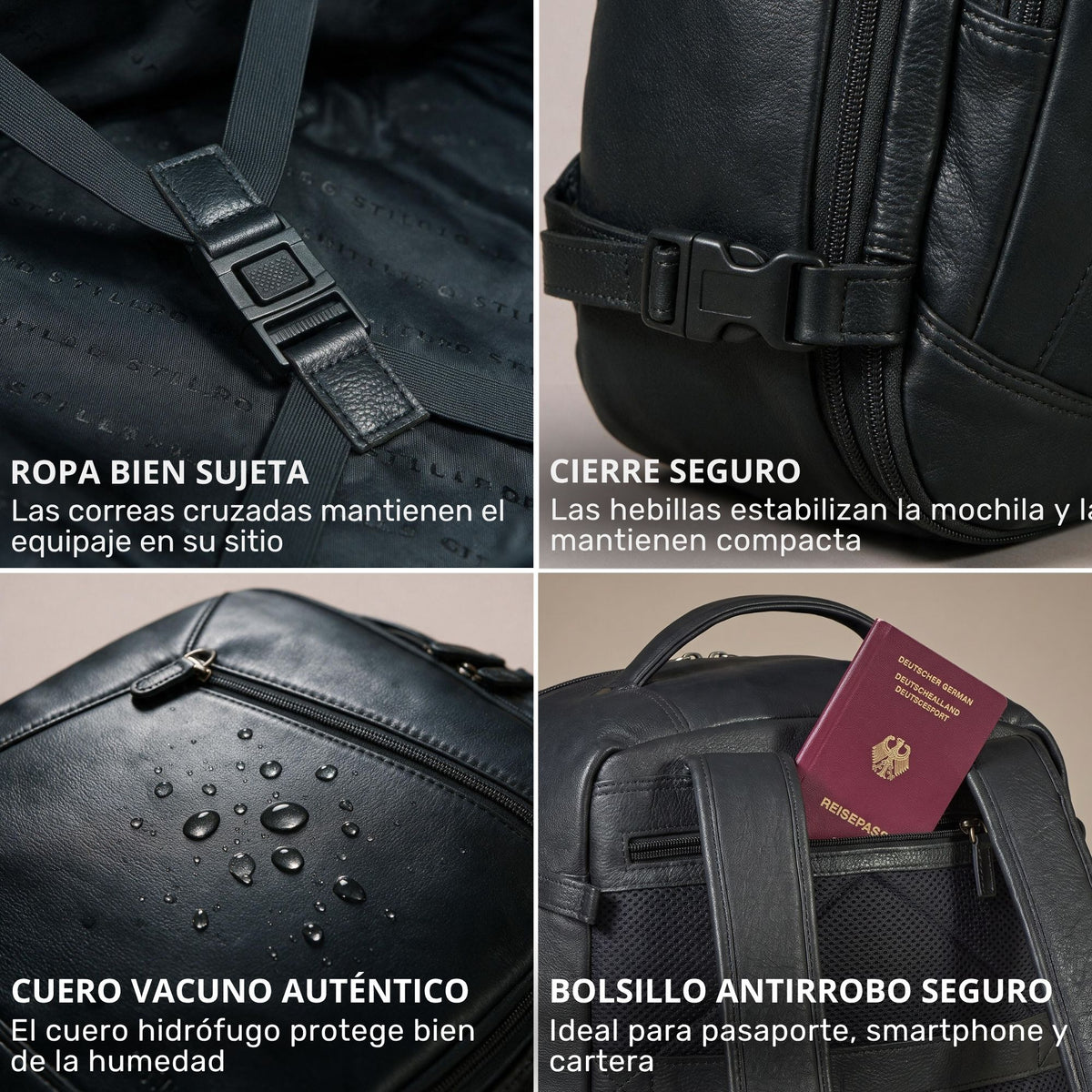 Schwarzer Leder-Rucksack, Details: gekreuzte Innenriemen, seitliche Schnalle, wasserabweisende Oberfläche mit Wassertropfen, verdecktes Reißverschlussfach mit Reisepass