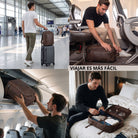 Brauner Leder-Kabinrucksack in Flughafen, unter Sitz, im Gepäckfach und offen auf Bett
