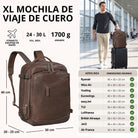 XL Reiserucksack aus braunem Leder, Front-/3‑4-Ansicht mit Reißverschlusstaschen; Reisender mit Trolley im Flughafen