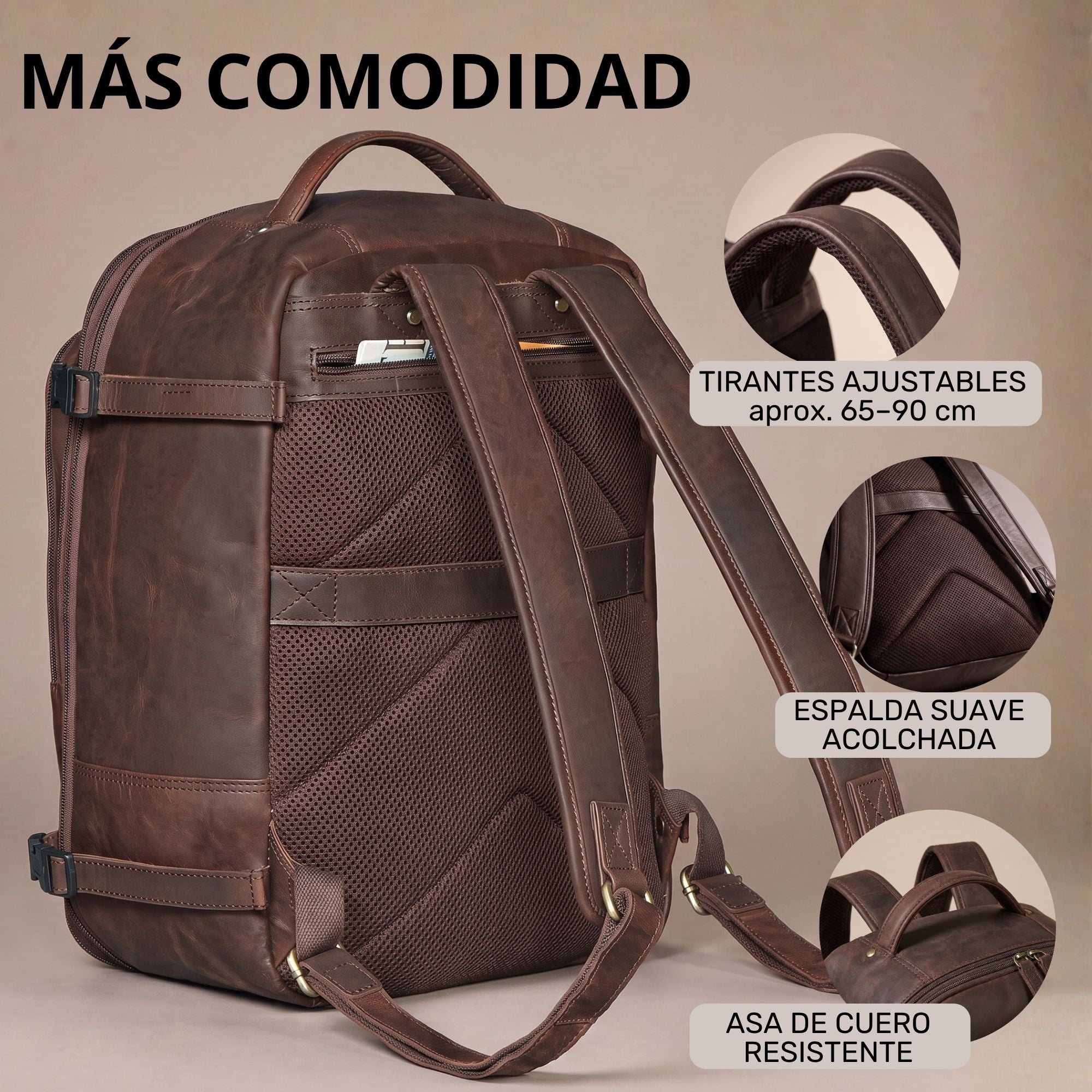 Erweiterbarer Rucksack aus braunem Leder, Rückansicht mit gepolsterter Rückenfläche, verstellbaren Tragriemen und Ledergriff.