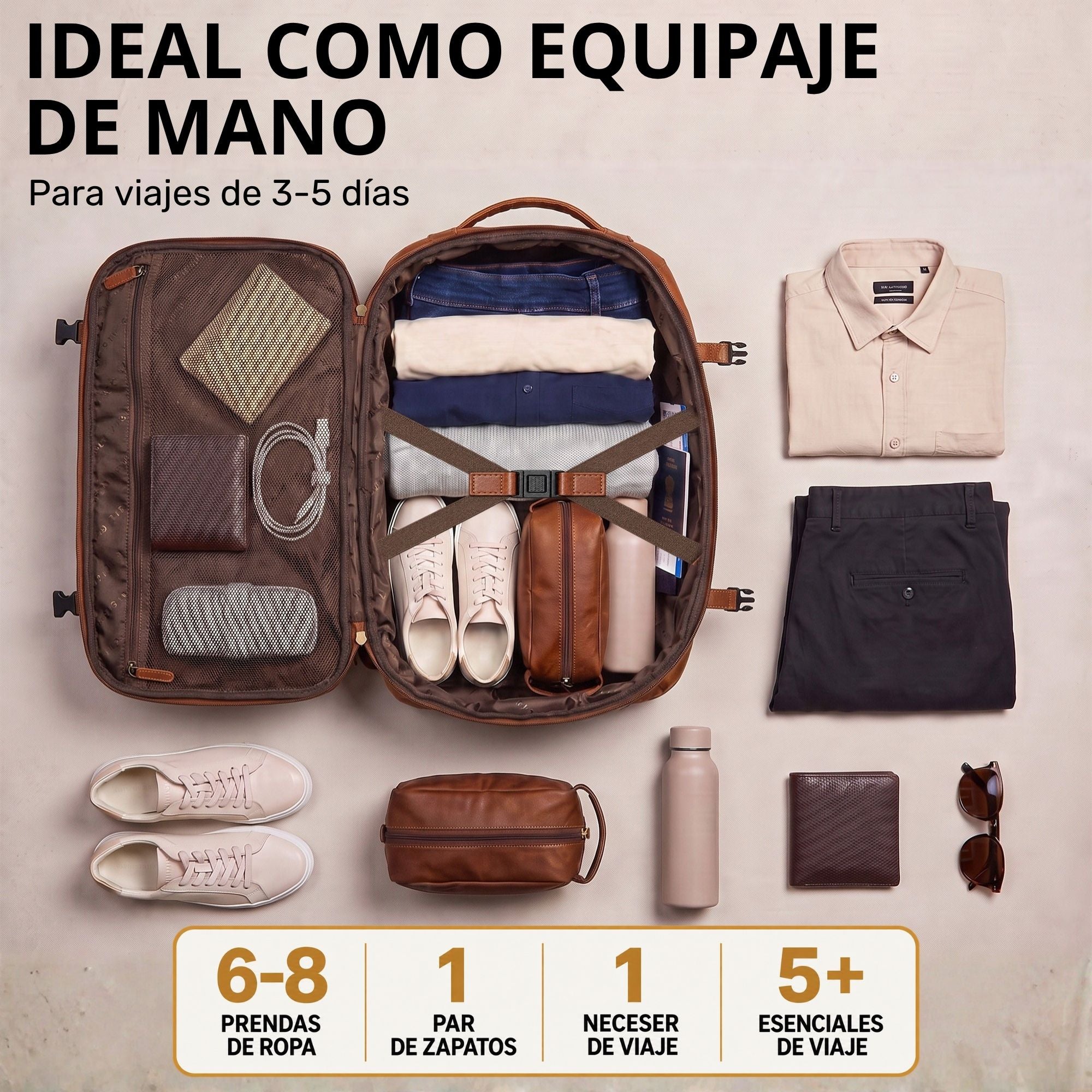 Offener cognacfarbener Leder-Rucksack 30L, Draufsicht mit Kleidung, Schuhen, Kulturbeutel und Accessoires