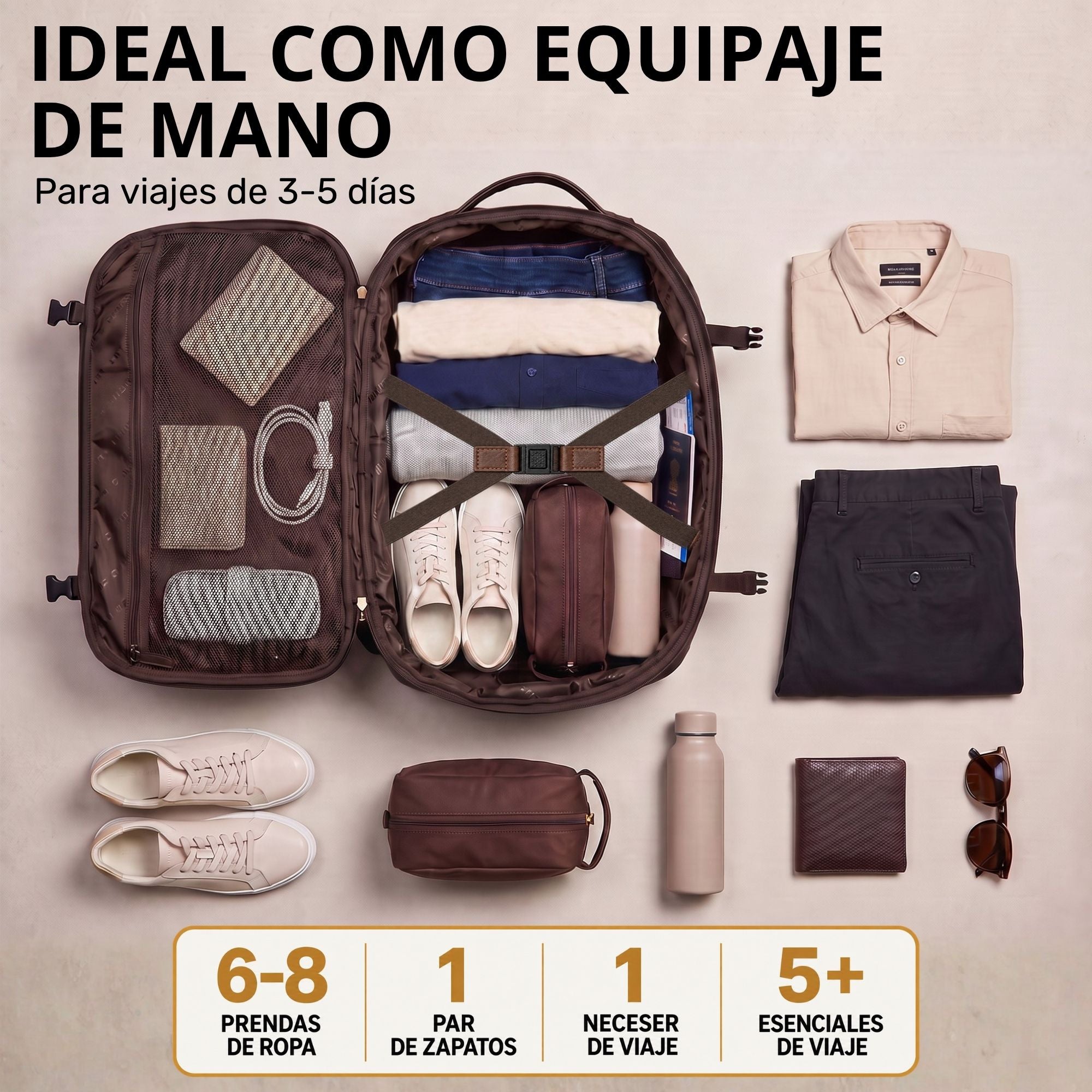 Offener brauner Leder-Reiserucksack, Draufsicht mit gepackter Innenansicht, Schuhe und Accessoires daneben