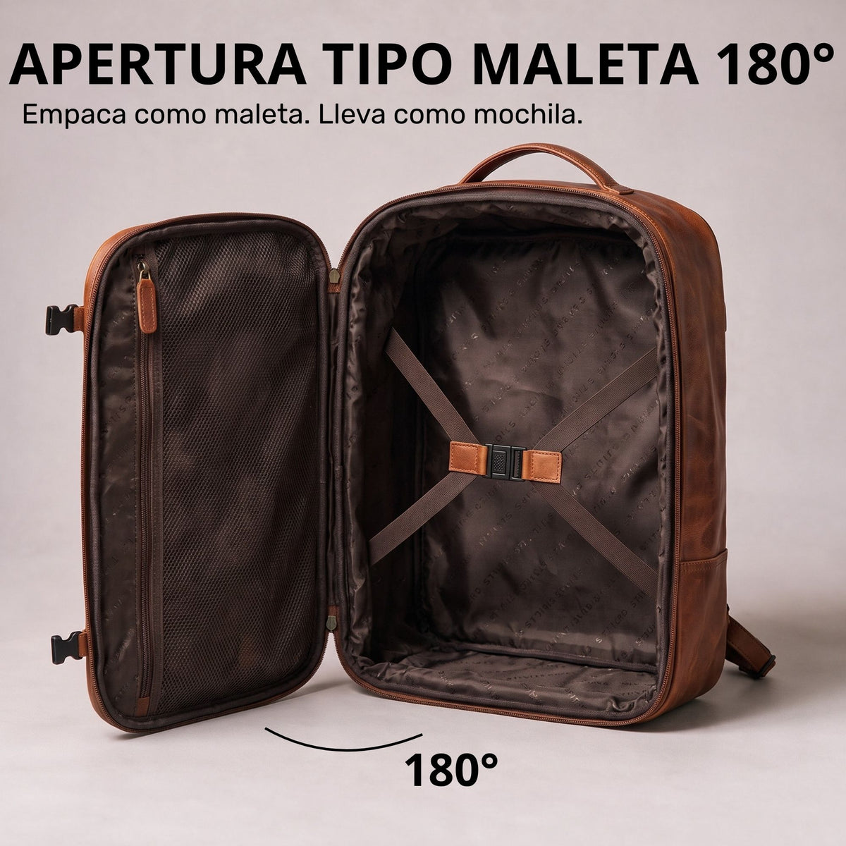 Offener Lederrucksack aus cognacfarbenem Leder, Kofferöffnung 180°, Innenfach mit Kreuzgurt und Reißverschlussfach