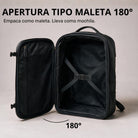 Schwarzer Leder-Rucksack, 180° aufklappbar wie Koffer, geöffnete Innenansicht mit Kreuzspanngurt und Tragegriff oben