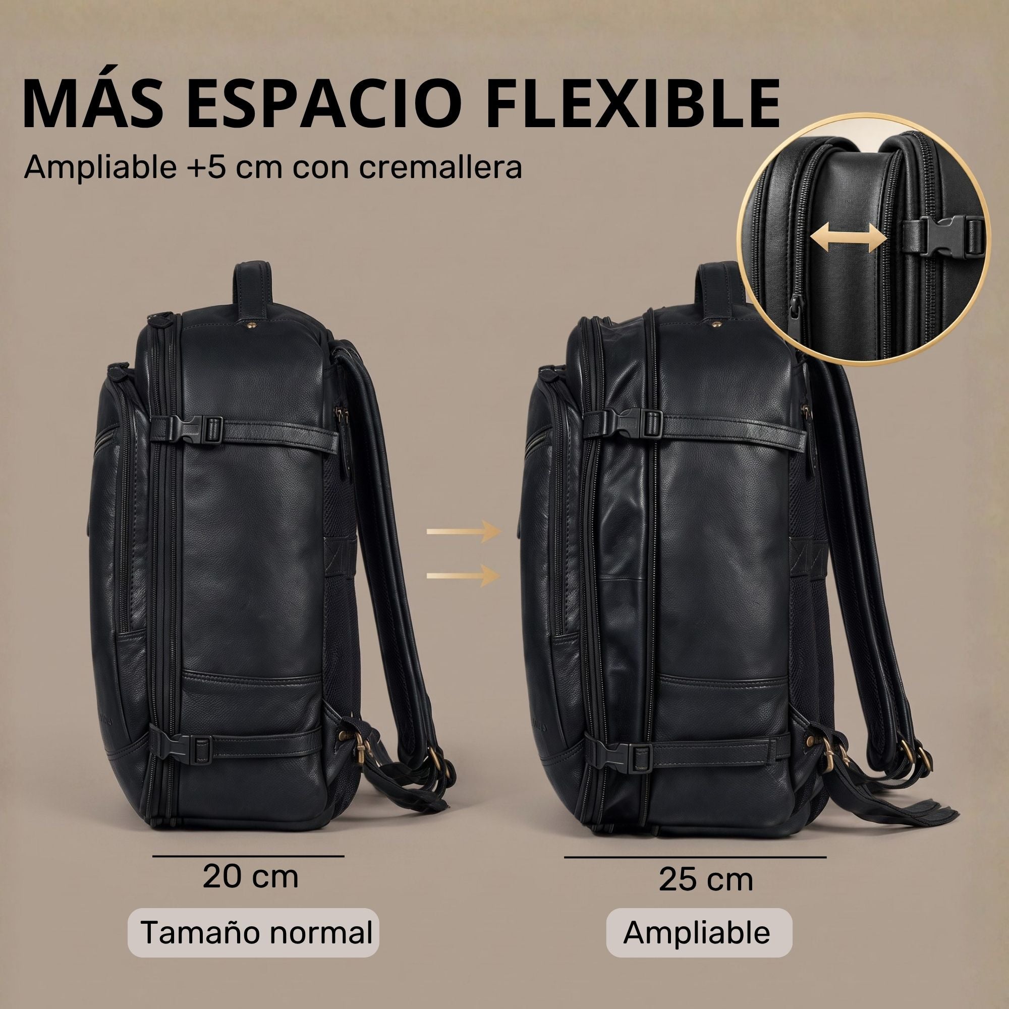 Schwarzer Lederrucksack, seitliche Doppelansicht mit Reißverschluss-Erweiterung (20→25 cm), Detailkreis zeigt Zipper