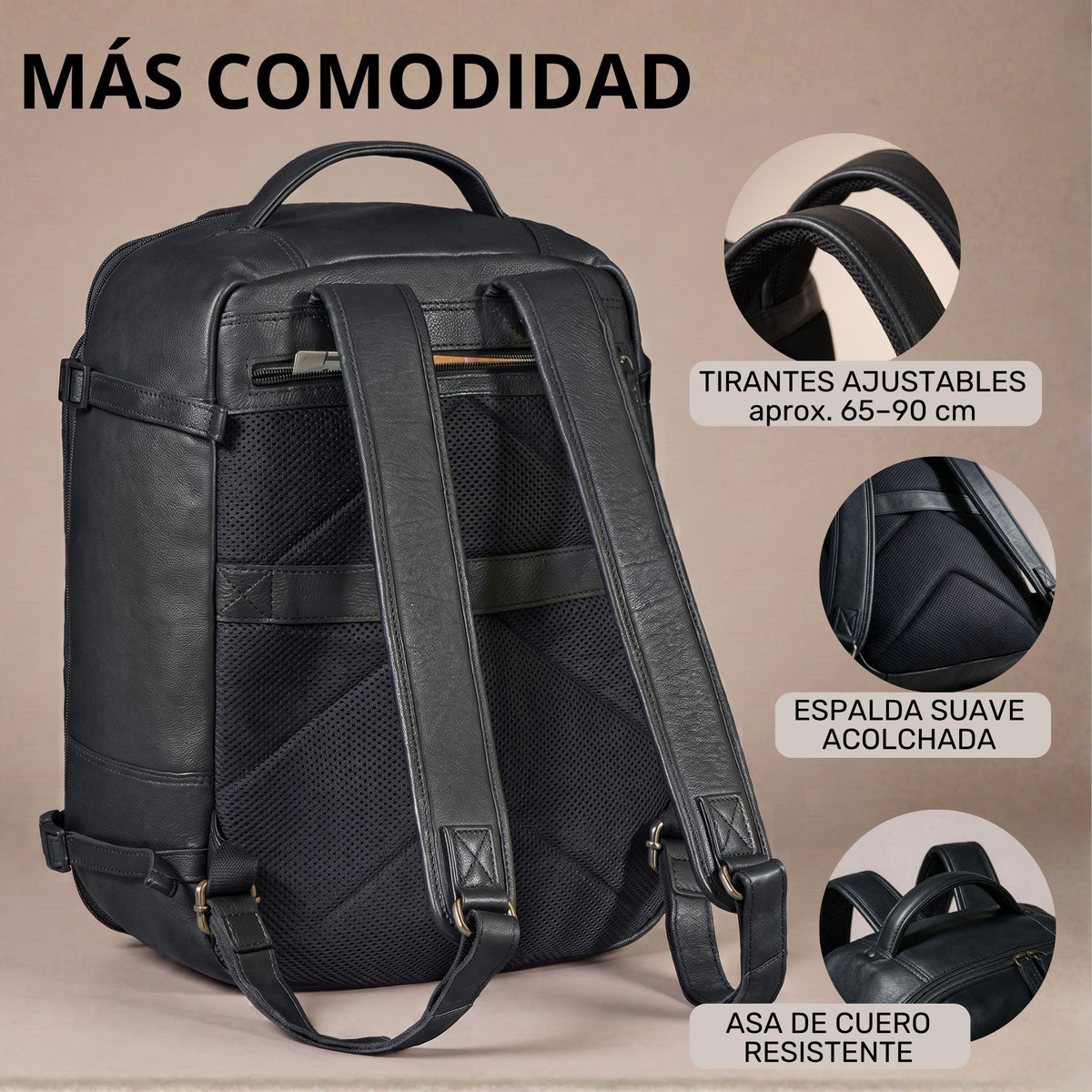schwarzer Leder-Rucksack, Rückansicht mit gepolstertem Mesh-Rücken, verstellbaren Schulterriemen und Ledergriff, Detailansichten