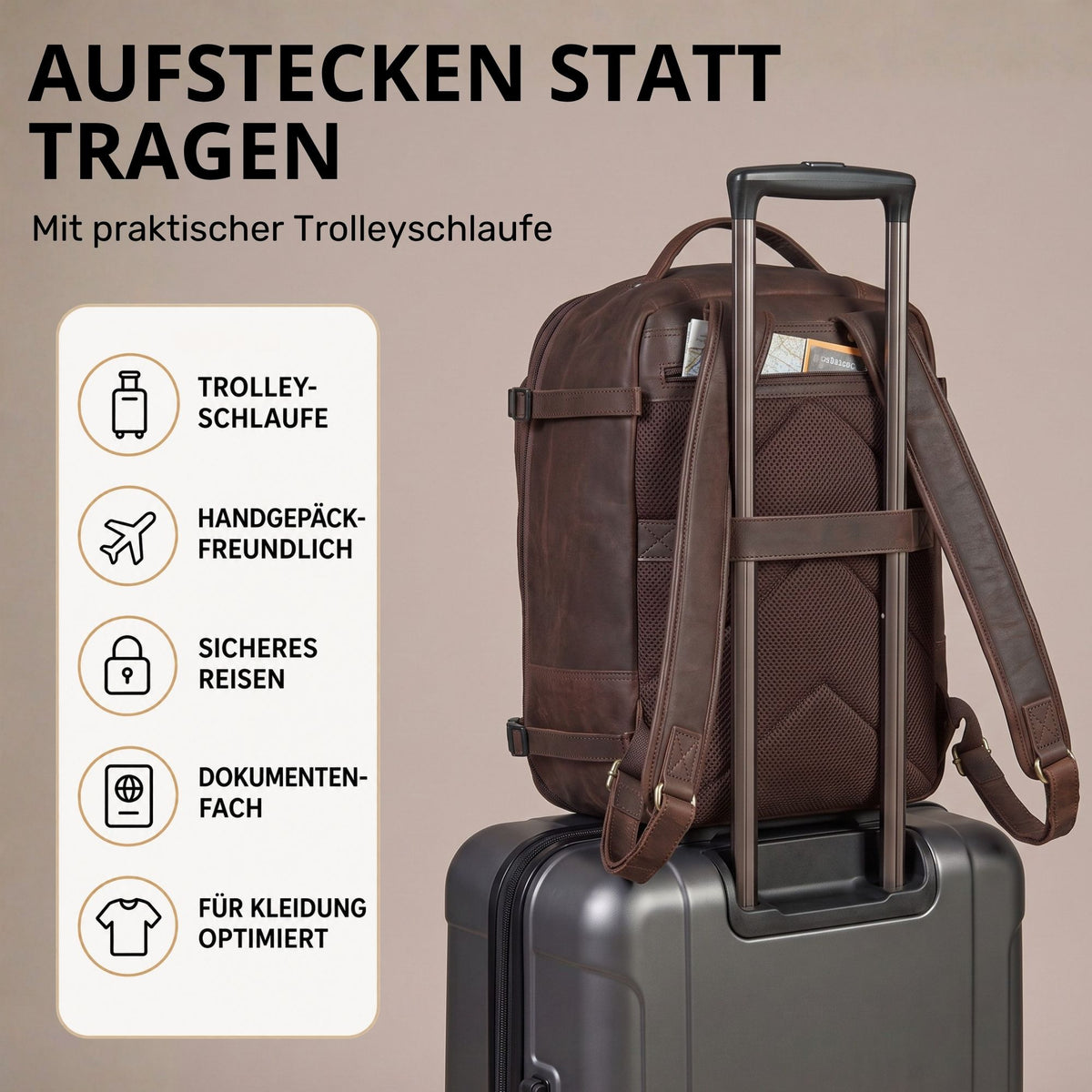 Brauner Leder-Reiserucksack, Rückansicht mit Trolleyschlaufe auf Koffer