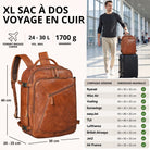 Cognacfarbener XL Rucksack aus Leder, 3/4‑Ansicht mit Größenangaben, Mann mit Koffer im Flughafen im Hintergrund