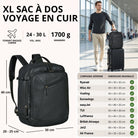 schwarzer Leder-Reiserucksack frontal mit Maßangaben links; rechts Mann im Flughafen mit Rollkoffer
