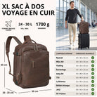 XL Reisrucksack aus braunem Leder, Frontansicht mit Reißverschlusstaschen; rechts Mann mit Koffer im Flughafenterminal