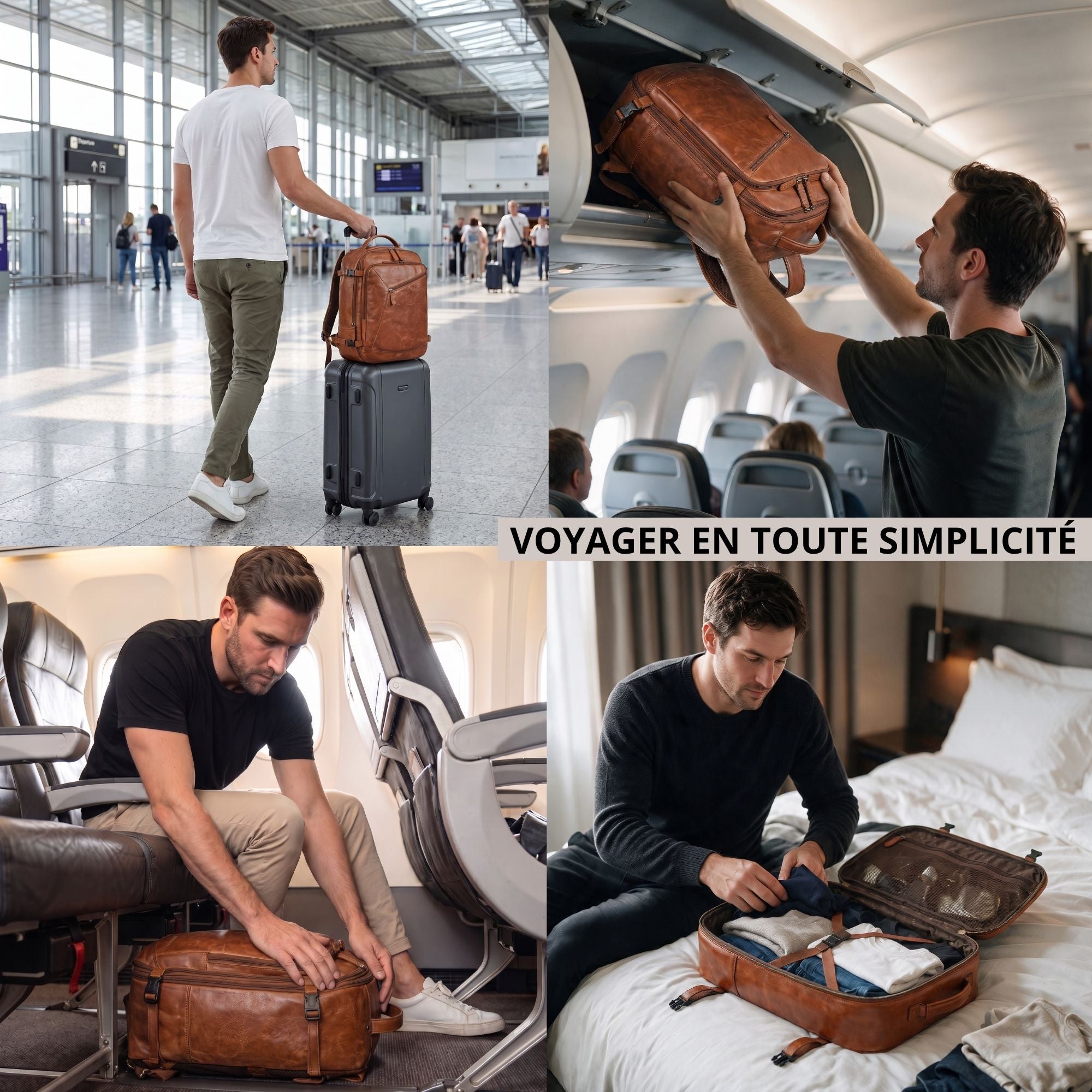 Cognacfarbenes Leder-Handgepäck: Rucksack/Duffel auf Rollkoffer, im Flugzeugfach, geöffnet im Sitz und auf Hotelbett.