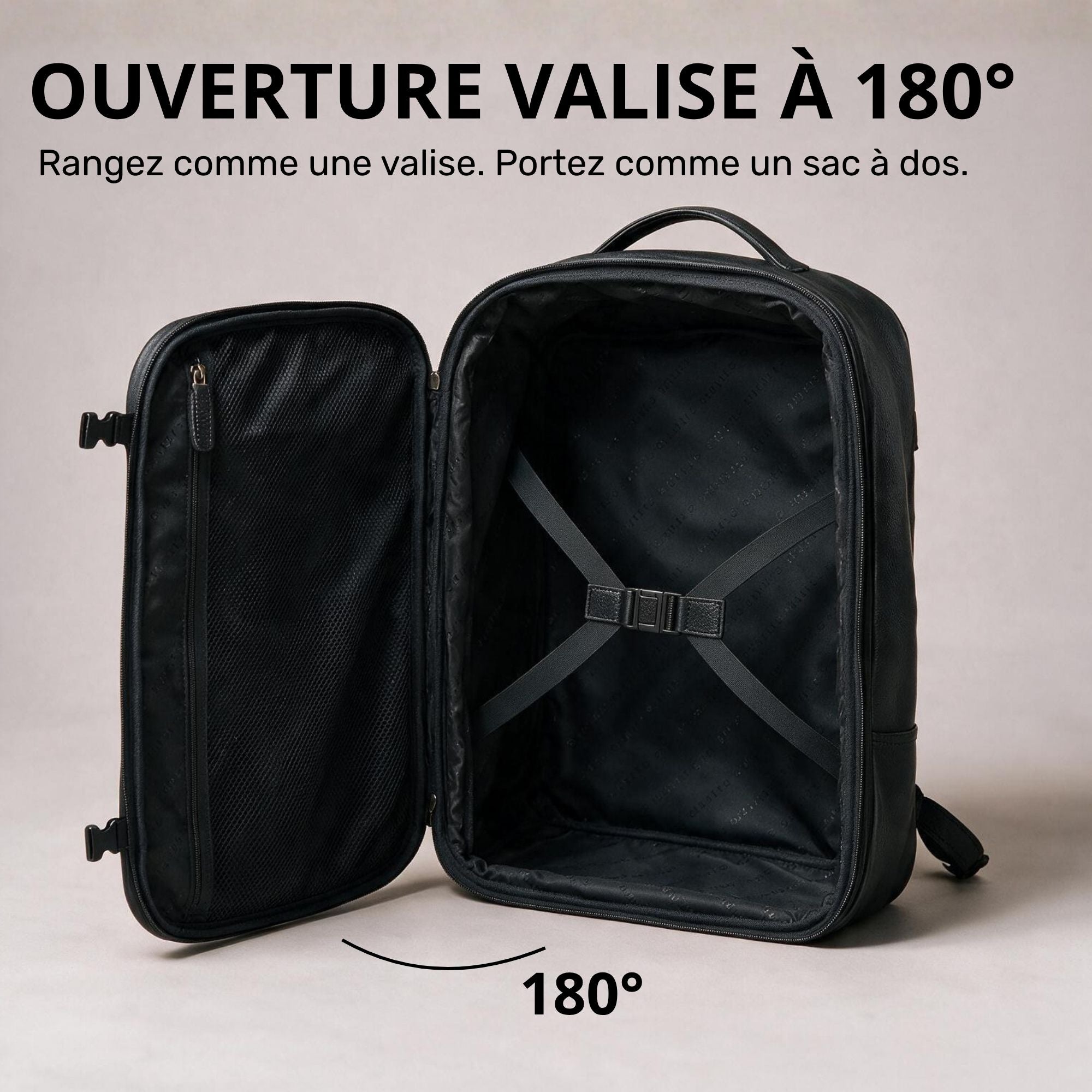 Schwarzer Leder-Rucksack geöffnet 180°, Innenraum mit Kreuzspanngurt und Reißverschlussfach, frontale Innenansicht