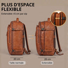 Zweimal gezeigter Leder-Rucksack in Cognac, Seitenansicht: normal 20 cm und erweiterbar 25 cm, Detail Reißverschluss