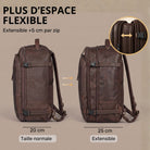 Brauner Leder-Reiserucksack Seitenansicht, Vergleich 20 cm normal und 25 cm erweiterbar, Detail Reißverschluss