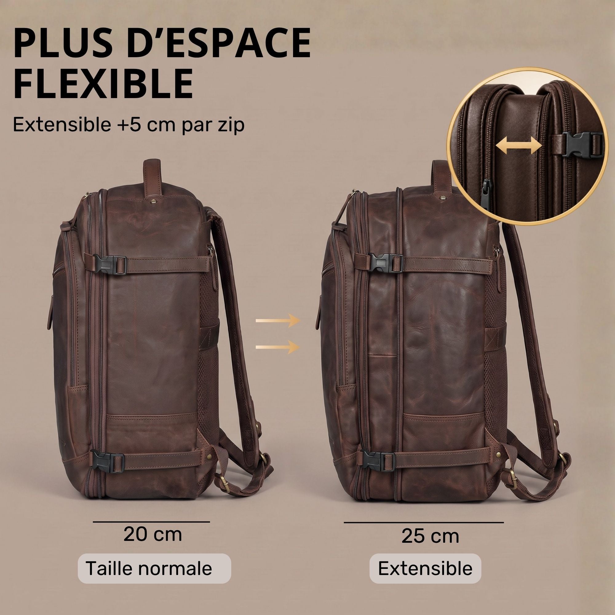 Brauner Leder-Reiserucksack Seitenansicht, Vergleich 20 cm normal und 25 cm erweiterbar, Detail Reißverschluss