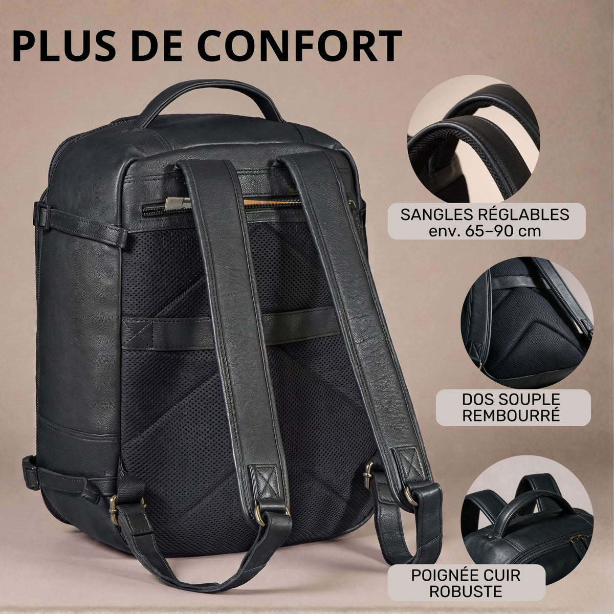 schwarzer Lederrucksack, Rückenansicht mit gepolstertem Rücken, verstellbaren Schultergurten und robustem Ledergriff