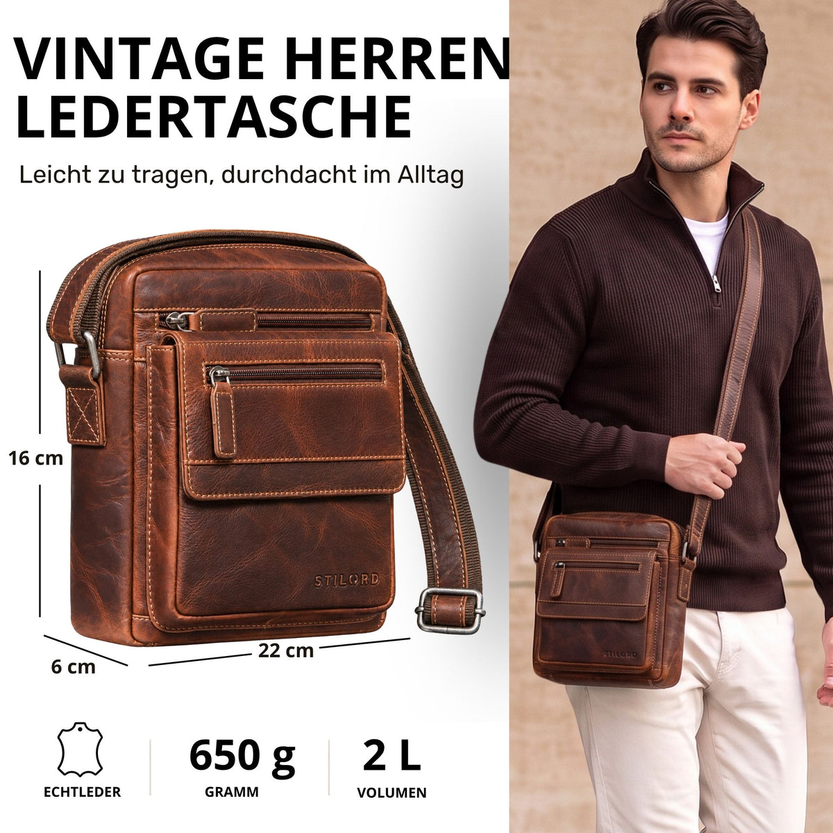 Kleine Herren-Umhängetasche aus Leder in Salerno-Braun mit Fronttaschen und Schulterriemen, getragen von Modell