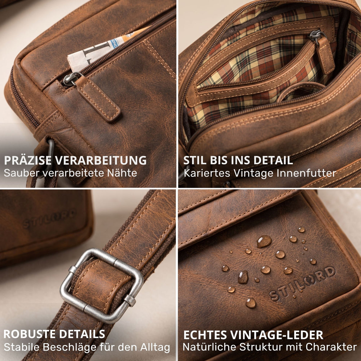 Flache Herren-Umhängetasche aus braunem Vintage-Leder, Nahaufnahmen von Reißverschluss, Innenfutter, Gurtbeschlag und STILORD