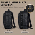Schwarzer Leder-Reiserucksack, Seitenansicht normal und um 5 cm erweiterbar, Detailaufnahme des Reißverschlusses