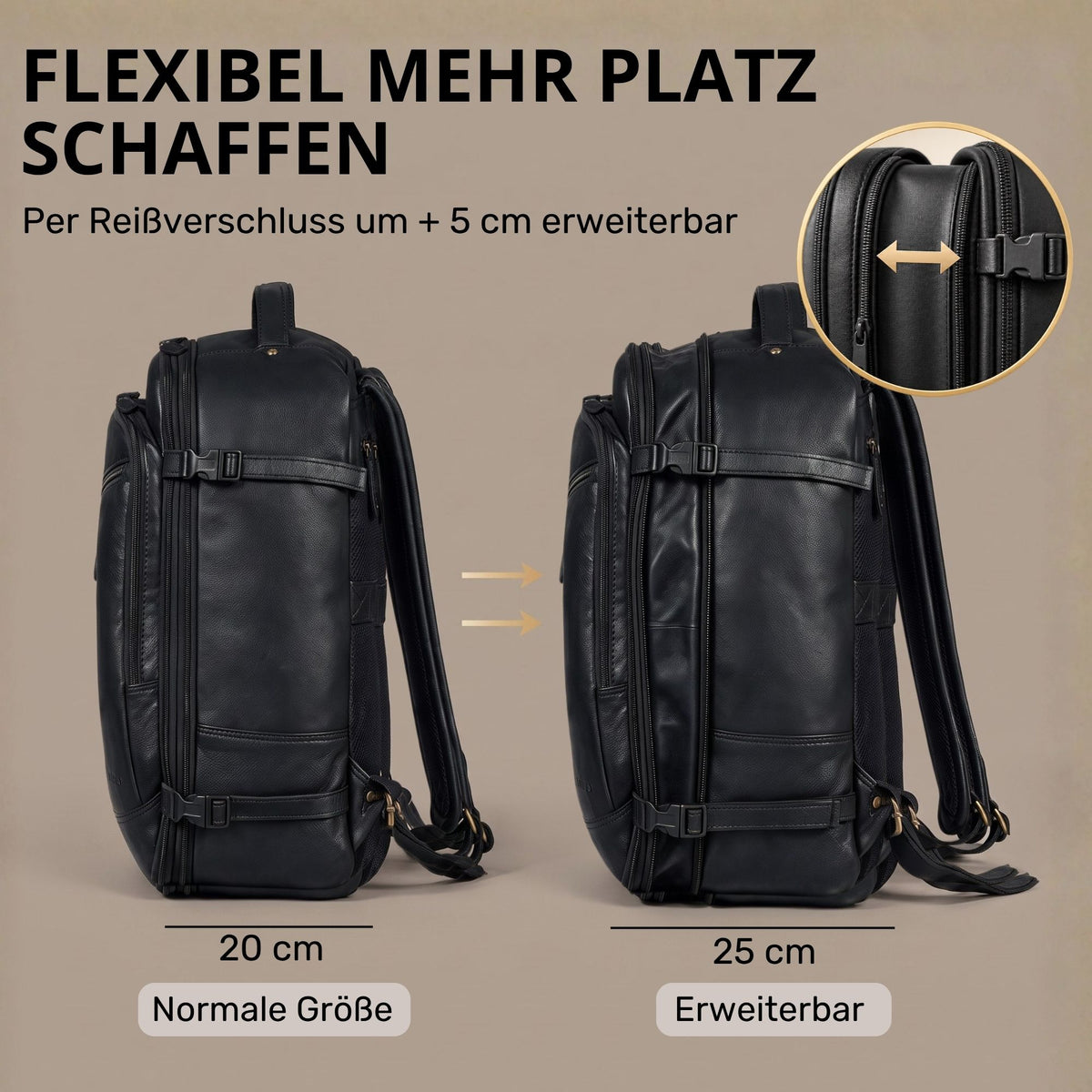 Schwarzer Leder-Reiserucksack, Seitenansicht normal und um 5 cm erweiterbar, Detailaufnahme des Reißverschlusses