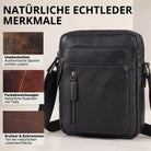 Kleine schwarze Umhängetasche aus Leder, Frontalansicht mit Reißverschlussfach; links Tafel zeigt natürliche Ledermerkmale