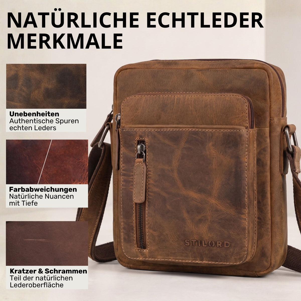 Kleine Herren-Schultertasche aus Rindsleder, bergamo braun, Frontansicht mit Reißverschlussfach und STILORD-Prägung