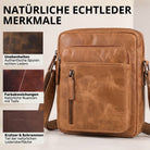 Kleine Herren-Schultertasche aus echtem Leder in Perugia-Braun, Frontansicht mit Reißverschlusstasche und STILORD-Prägung