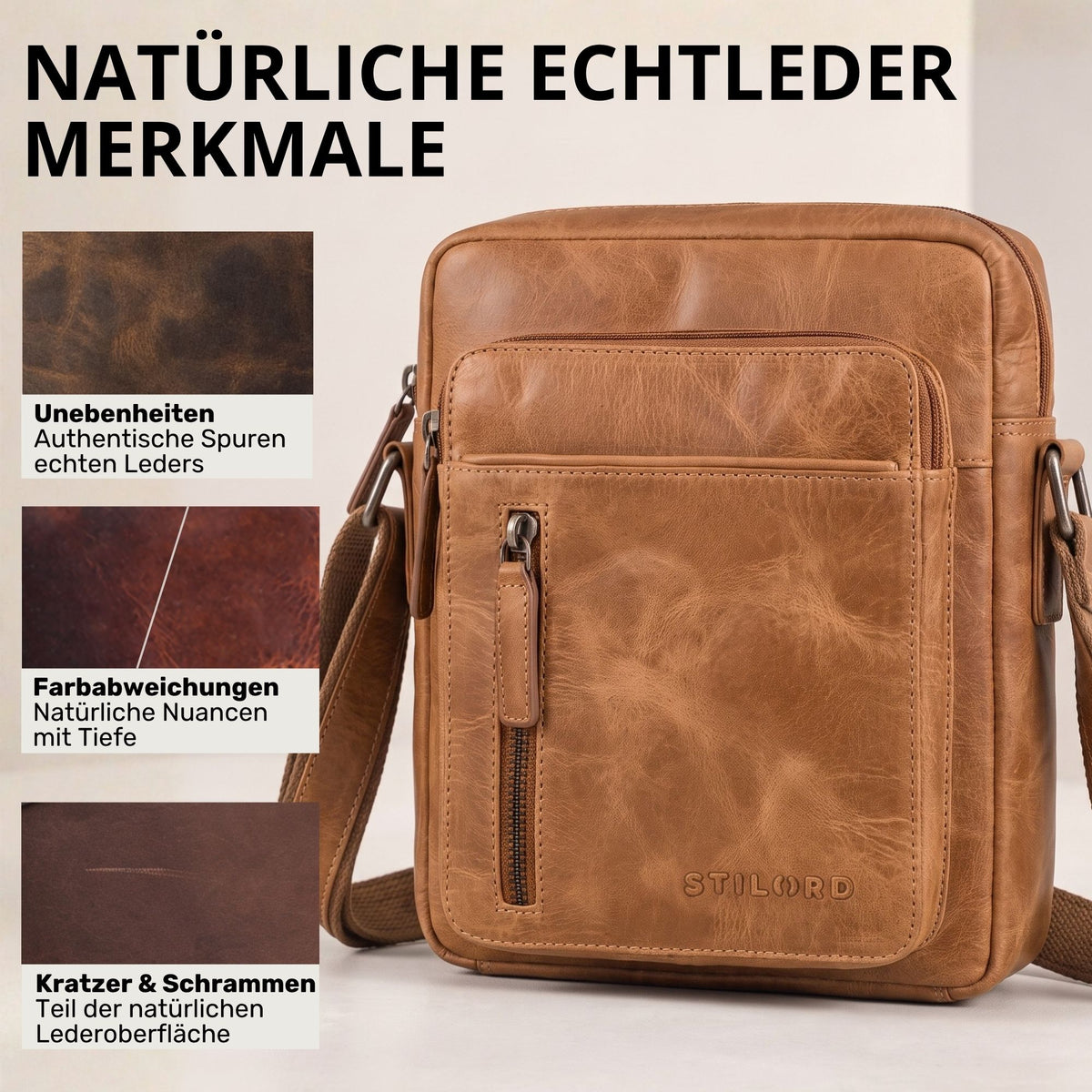 Kleine Herren-Schultertasche aus echtem Leder in Perugia-Braun, Frontansicht mit Reißverschlusstasche und STILORD-Prägung