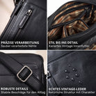 Schwarze Leder-Schultertasche, Detailaufnahmen: Reißverschlussnaht, kariertes Innenfutter, Gurtmetall, Wasserperlen