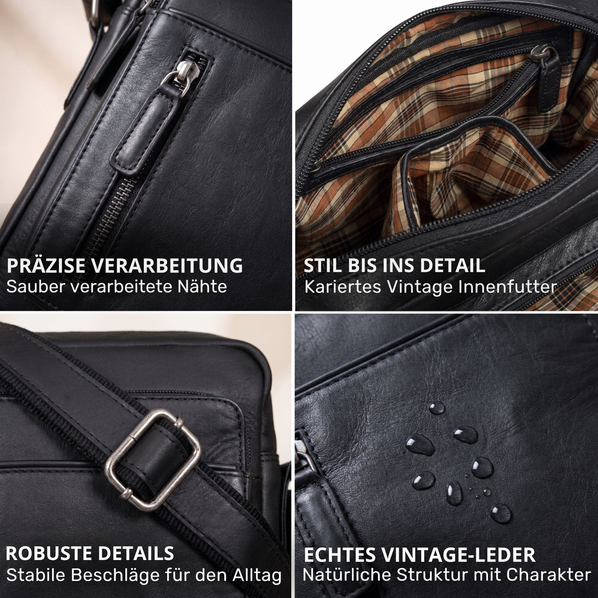 Schwarze Leder-Schultertasche, Detailaufnahmen: Reißverschlussnaht, kariertes Innenfutter, Gurtmetall, Wasserperlen