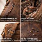 Kleine Herrenschultertasche aus braunem Vintage-Leder, Nahaufnahmen: Reißverschluss, kariertes Futter, Gurtschnalle, Wasserperlen