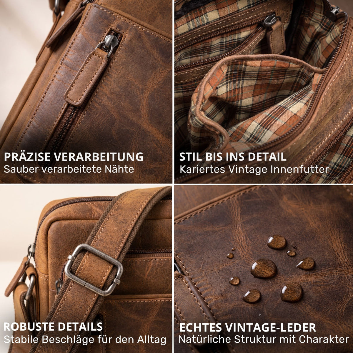 Kleine Herrenschultertasche aus braunem Vintage-Leder, Nahaufnahmen: Reißverschluss, kariertes Futter, Gurtschnalle, Wasserperlen