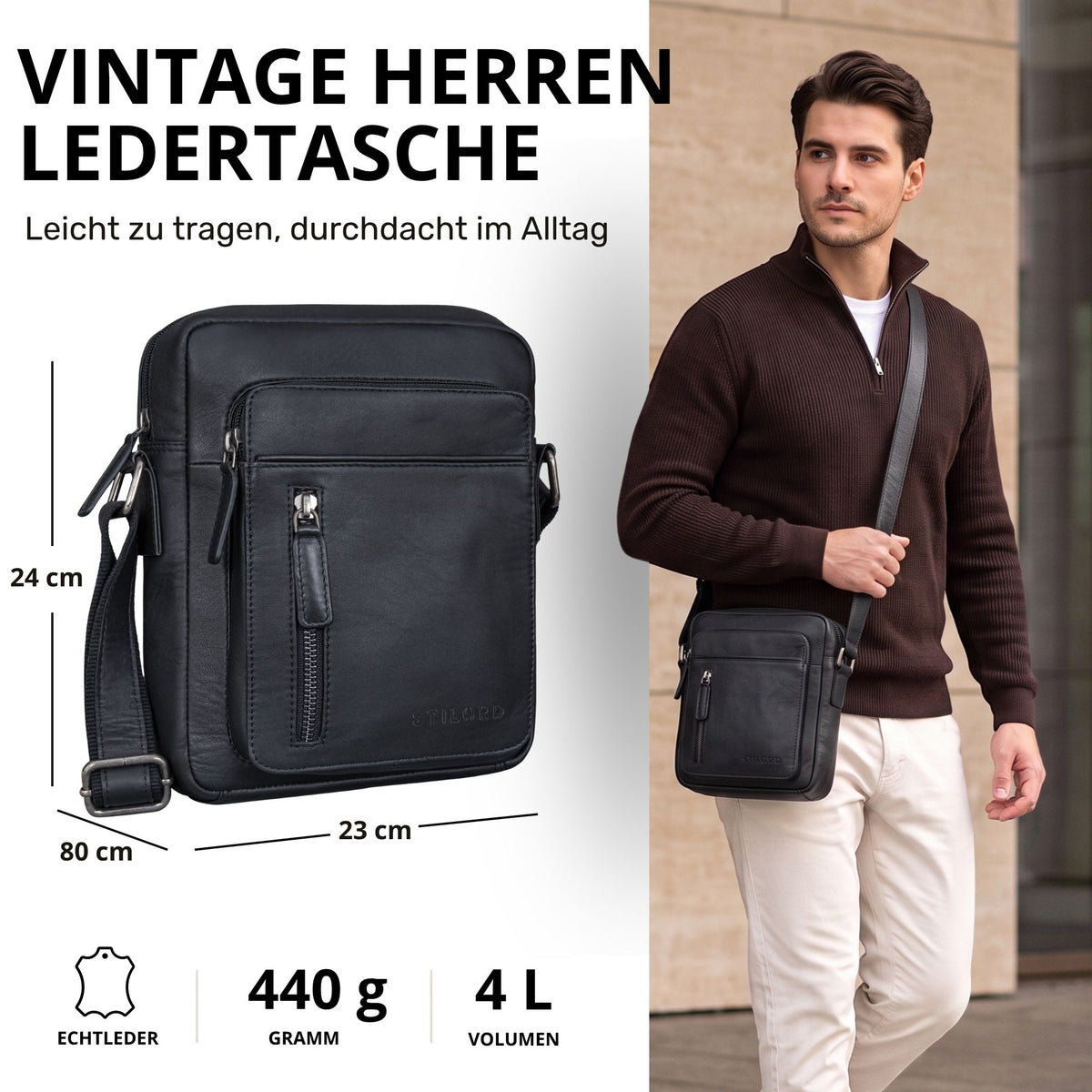 Kleine schwarze Schultertasche aus Leder, Vorderansicht mit Größenangaben links, Mann trägt die Tasche quer über der Schulter in urbaner Umgebung