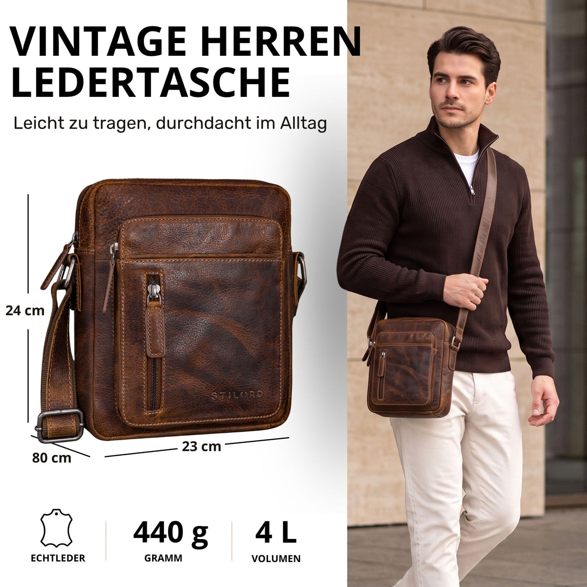 Kleine Herrenschultertasche aus Vintage-Rindsleder salerno braun, Vorderansicht mit Frontreißverschluss, Modell trägt sie quer