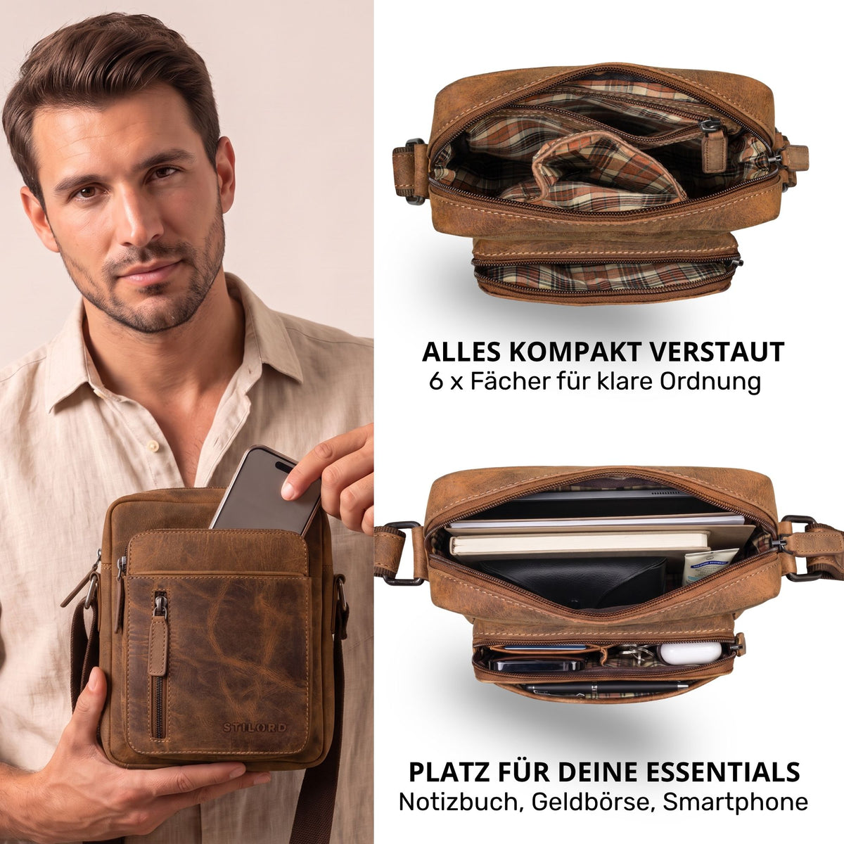 Kleine Schultertasche aus braunem Leder, Mann hält sie, Draufsichten zeigen geöffnete Fächer und kariertes Innenfutter