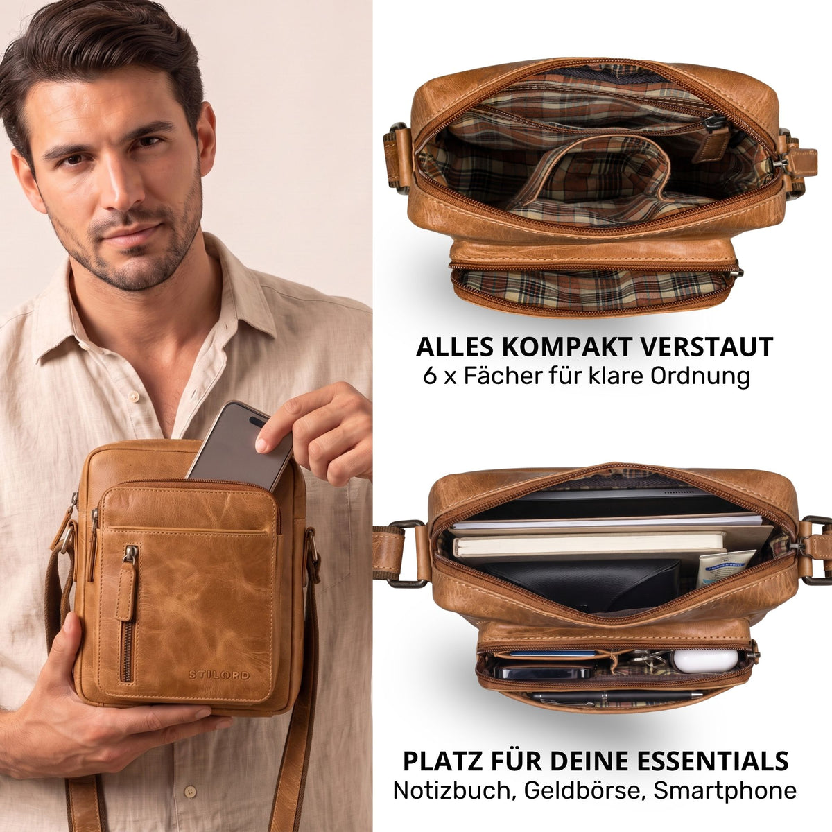 Kleine Dain Schultertasche aus Leder in perugia-braun, Mann hält Tasche, Innenfächer mit Notizbuch und Smartphone sichtbar