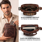 Kleine braune Leder-Schultertasche, Mann hält sie; zwei Innenansichten mit sechs Fächern, Notizbuch und Smartphone sichtbar