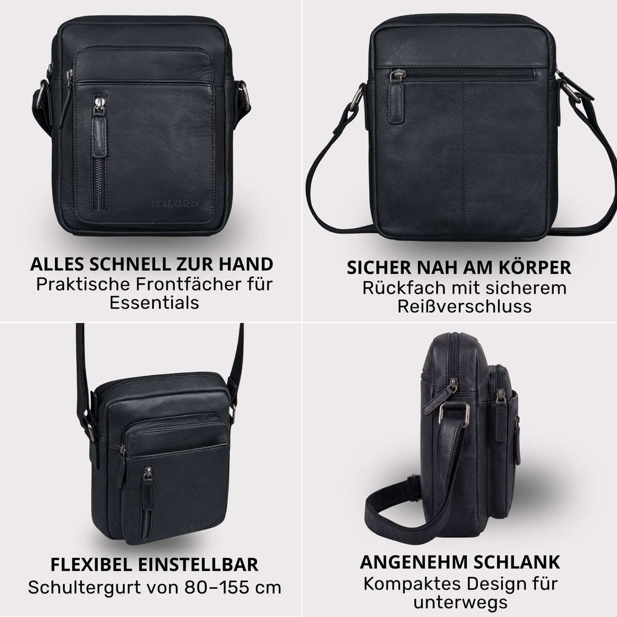 Kleine schwarze Leder-Schultertasche, vier Ansichten: Frontfach, Rückfach mit Reißverschluss, verstellbarer Gurt, seitliches Profil