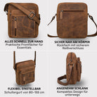 Kleine Herren-Schultertasche aus braunem Vintage-Leder, Vorder- und Rückansicht, Reißverschlussfach, verstellbarer Gurt