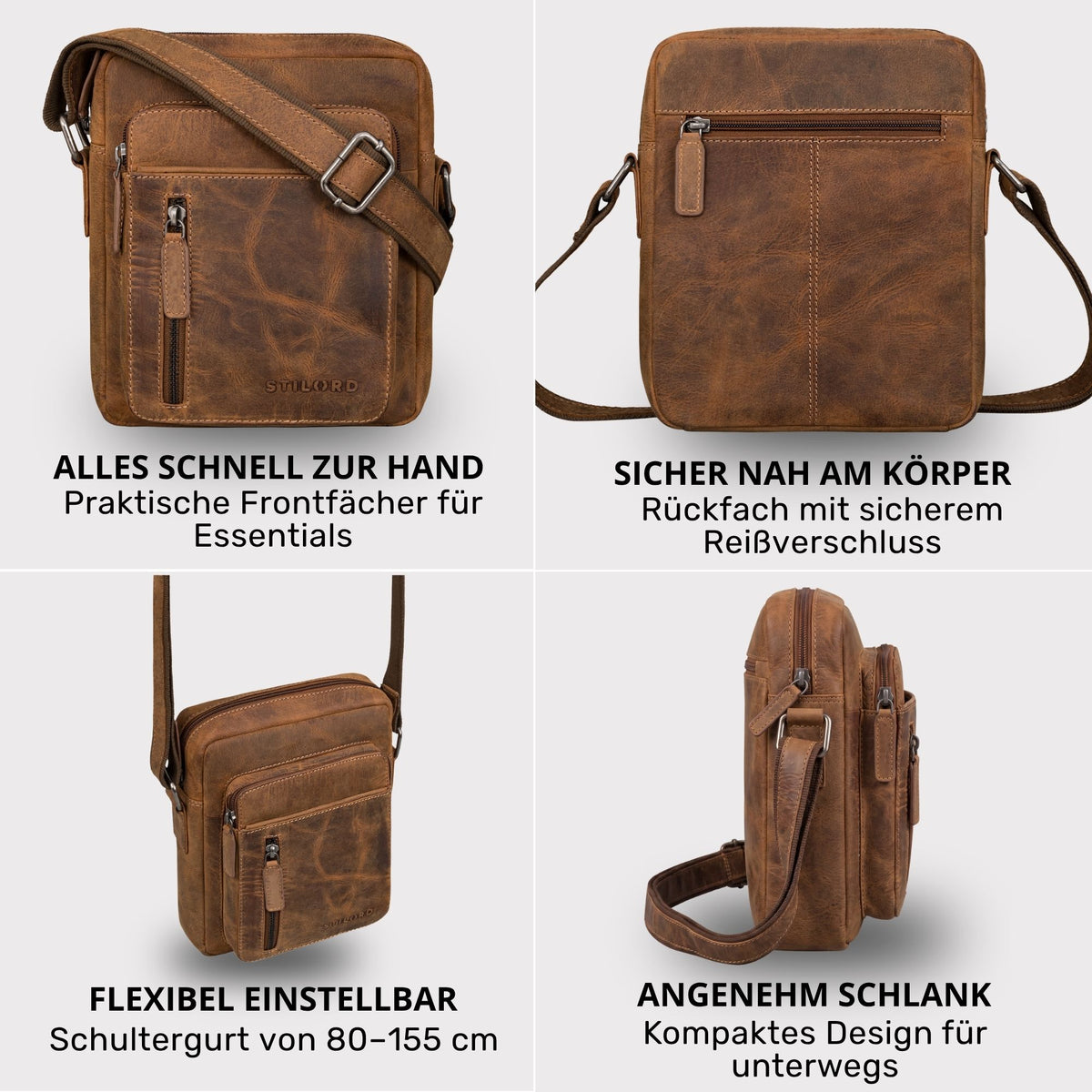 Kleine Herren-Schultertasche aus braunem Vintage-Leder, Vorder- und Rückansicht, Reißverschlussfach, verstellbarer Gurt