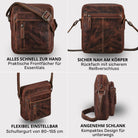 Kleine Schultertasche aus braunem Leder, Frontfach mit Reißverschluss, Rückfach, verstellbarer Schultergurt, schlankes Seitenprofil
