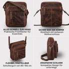 Kleine Herren-Umhängetasche aus braunem Vintage-Leder, vier Perspektiven: Frontfächer, Rückfach mit Reißverschluss, verstellbarer Gurt, Seitenprofil